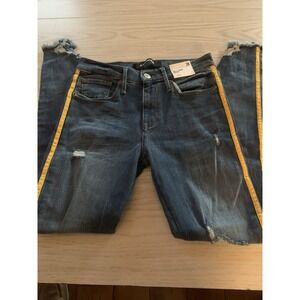 Express Womens Jeans 2 Blue Denim Distressed Ankle Leggings YellowStripe Raw Hem